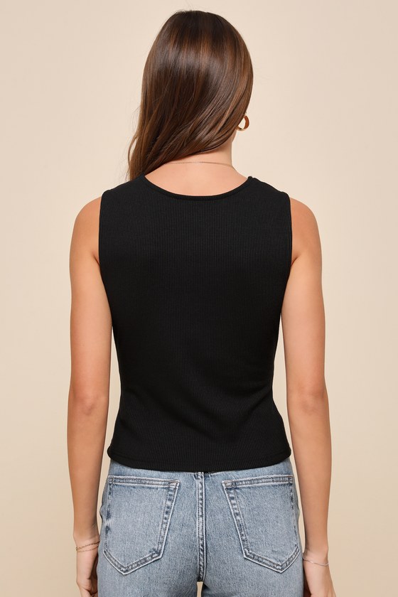 Lulus Effortless Potential Black Ribbed Lace Button-front Tank Top In Black