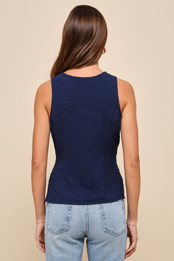 Reliably Poised Navy Blue Clip Dot Sleeveless V-Neck Top 4