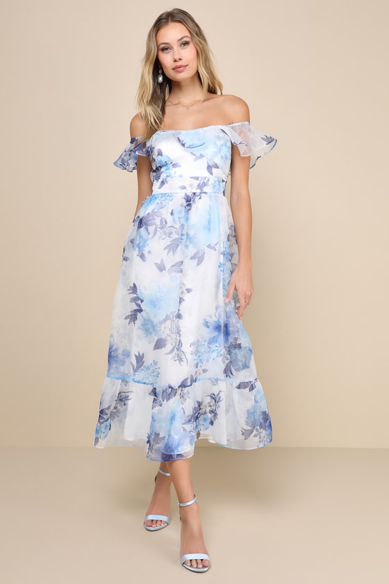 Lulus Sweet Composure White Floral Organza Off-the-shoulder Midi Dress In White