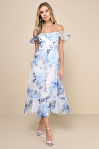 Sweet Composure White Floral Organza Off-the-Shoulder Midi Dress
