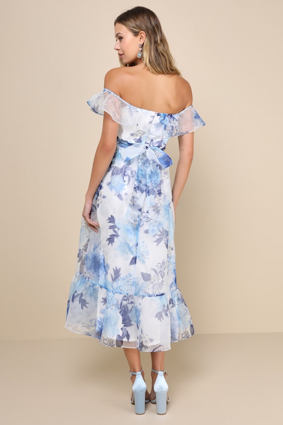 Lulus Sweet Composure White Floral Organza Off-the-shoulder Midi Dress In White