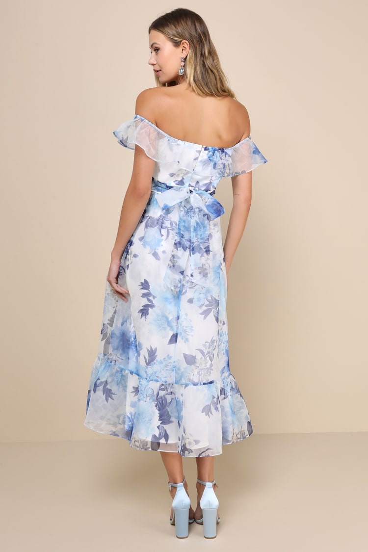 Sweet Composure White Floral Organza Off-the-Shoulder Midi Dress