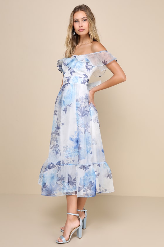 Lulus Sweet Composure White Floral Organza Off-the-shoulder Midi Dress In White