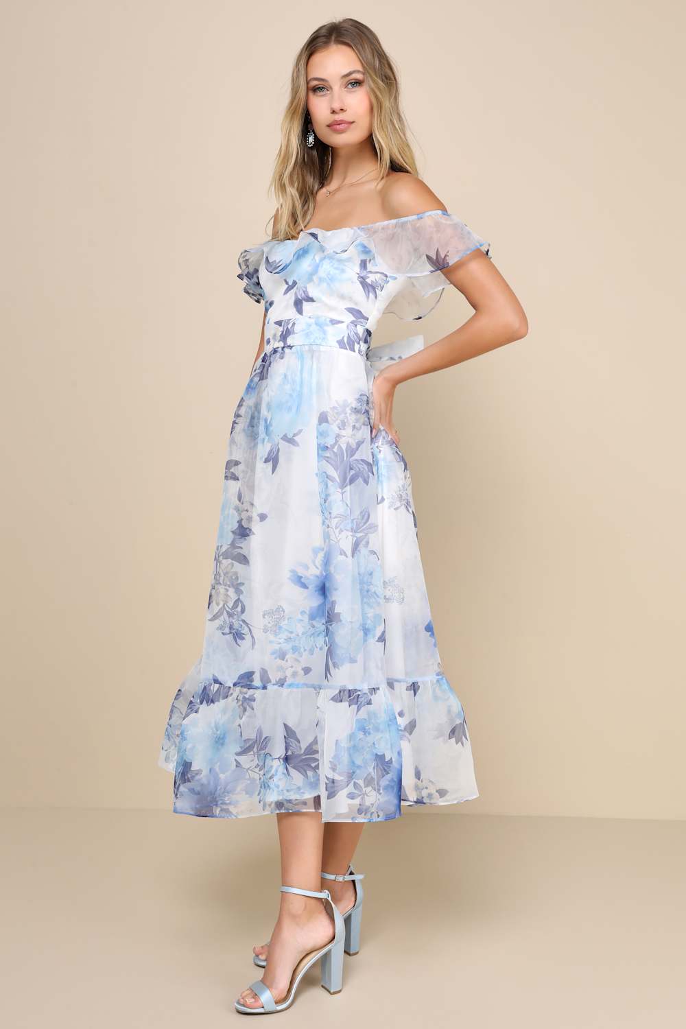 Sweet Composure White Floral Organza Off-the-Shoulder Midi Dress