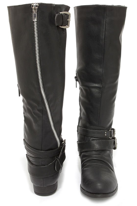 black leather knee high buckle boots