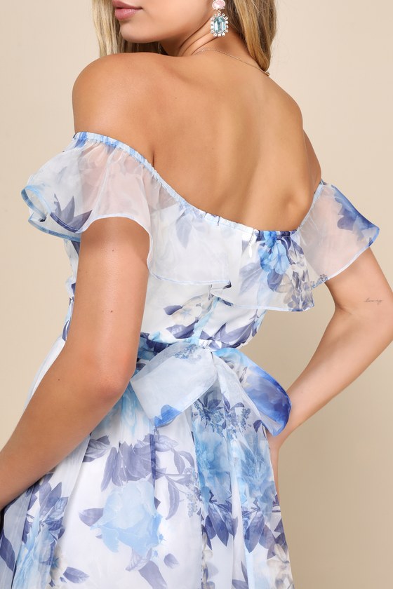 Lulus Sweet Composure White Floral Organza Off-the-shoulder Midi Dress In White