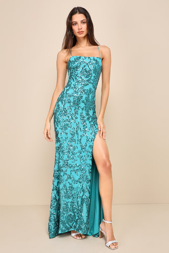 Magnetic Radiance Turquoise Sequin Lace-Up Mermaid Maxi Dress