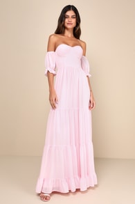 Exceptionally Gorgeous Blush Chiffon Off-the-Shoulder Maxi Dress