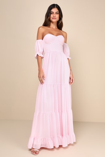 Exceptionally Gorgeous Blush Chiffon Off-the-Shoulder Maxi Dress 1