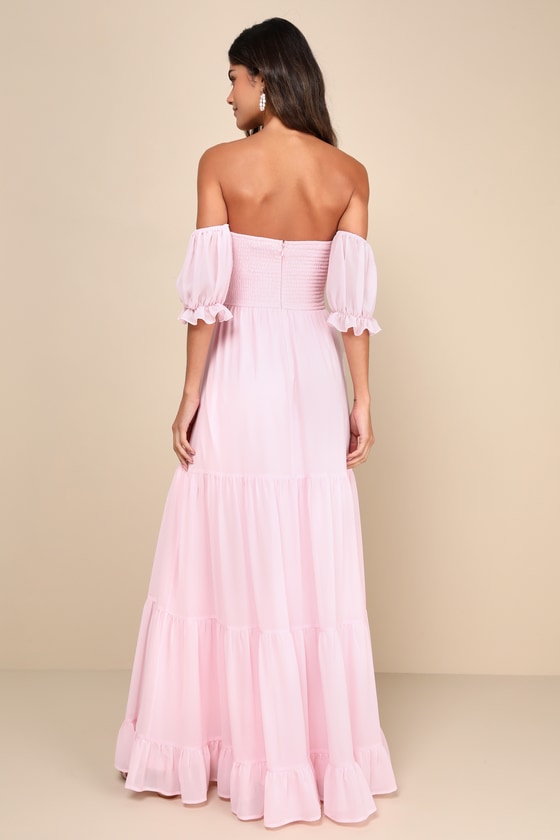 LULUS EXCEPTIONALLY GORGEOUS BLUSH CHIFFON OFF-THE-SHOULDER MAXI DRESS