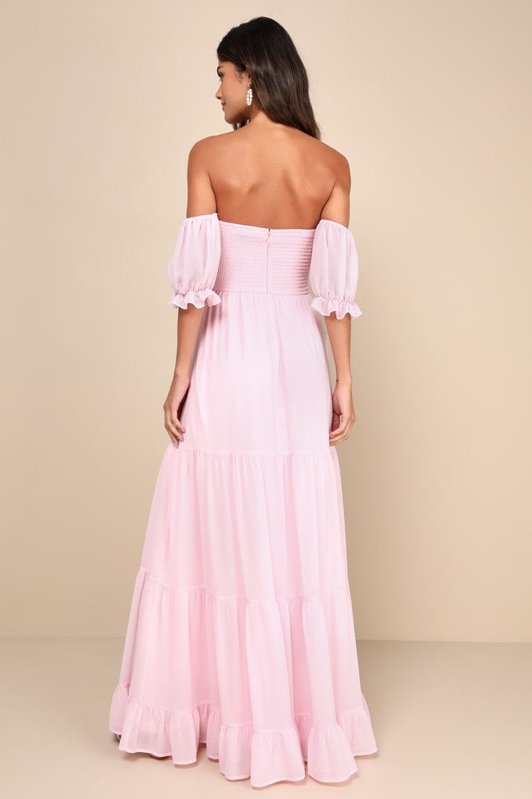 Exceptionally Gorgeous Blush Chiffon Off-the-Shoulder Maxi Dress
