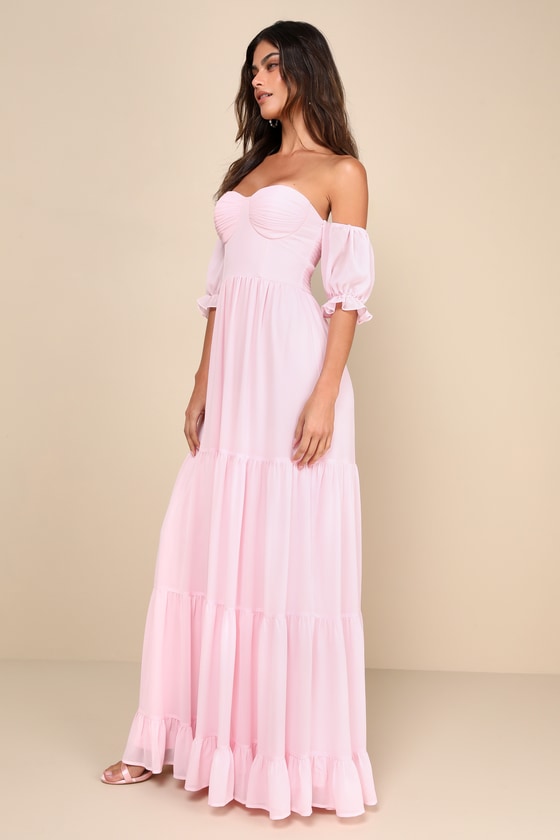 LULUS EXCEPTIONALLY GORGEOUS BLUSH CHIFFON OFF-THE-SHOULDER MAXI DRESS