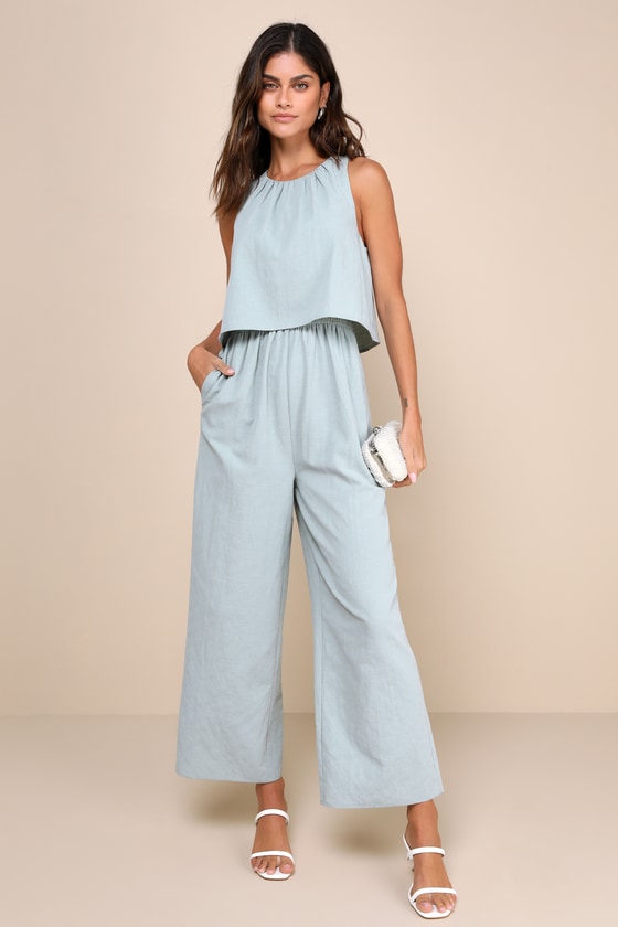 LULUS BREEZY SOPHISTICATION SAGE GREEN TEXTURED WIDE-LEG JUMPSUIT