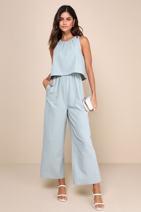 Shop Lulus Breezy Sophistication Sage Green Textured Wide Leg Jumpsuit