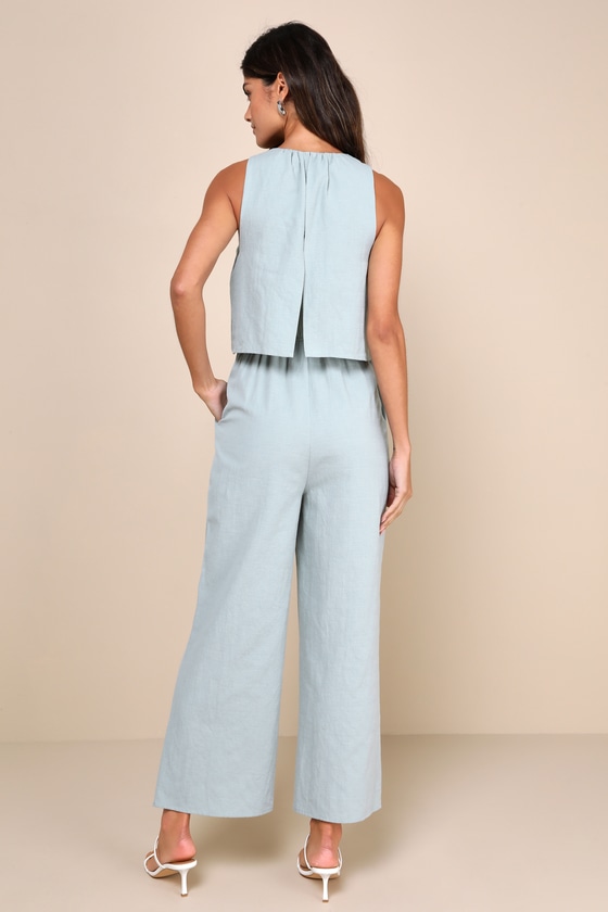 LULUS BREEZY SOPHISTICATION SAGE GREEN TEXTURED WIDE-LEG JUMPSUIT