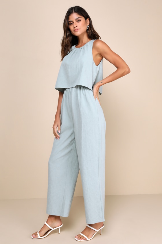 LULUS BREEZY SOPHISTICATION SAGE GREEN TEXTURED WIDE-LEG JUMPSUIT
