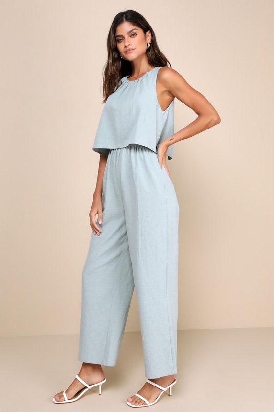 Shop Lulus Breezy Sophistication Sage Green Textured Wide Leg Jumpsuit