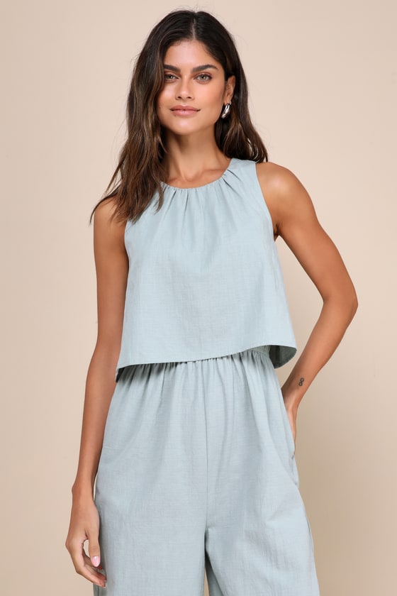 LULUS BREEZY SOPHISTICATION SAGE GREEN TEXTURED WIDE-LEG JUMPSUIT