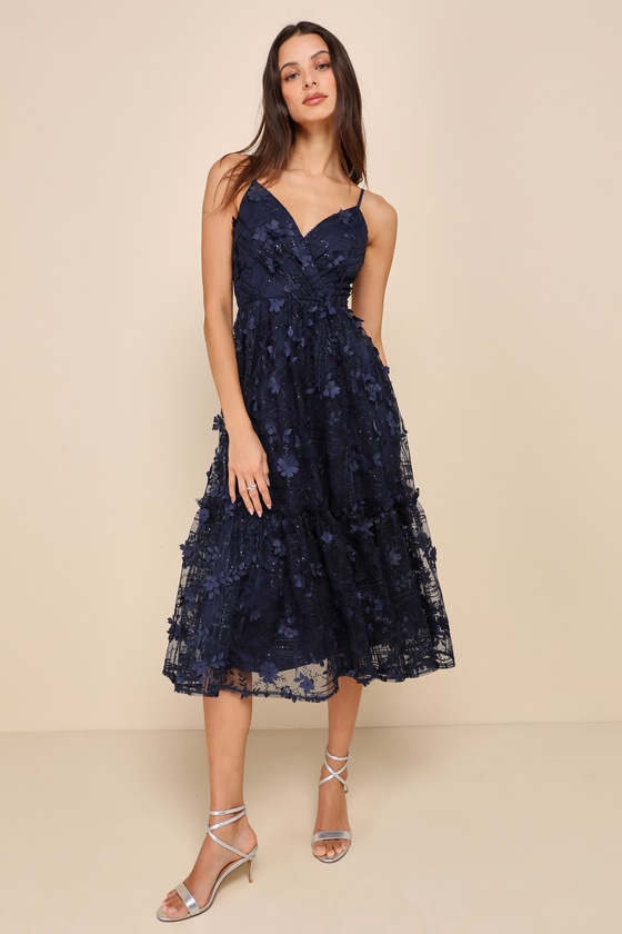Springtime Soiree Navy Blue Sequin 3D Floral Applique Midi Dress 1