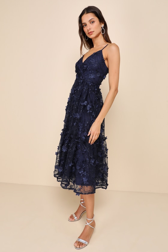 Springtime Soiree Navy Blue Sequin 3D Floral Applique Midi Dress 2