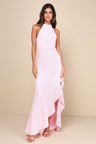 Majestic Perfection Light Pink Ruffled Halter Maxi Dress