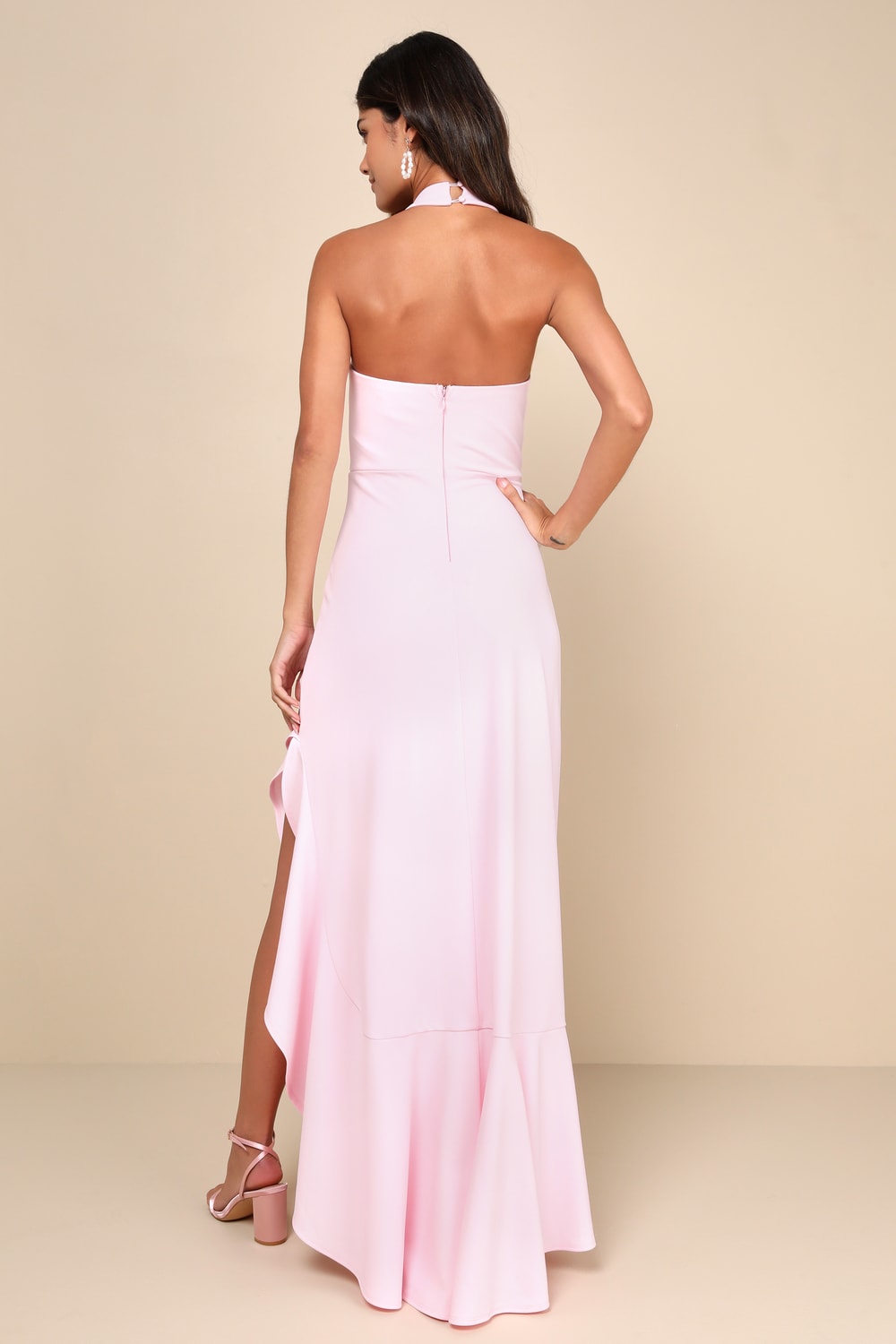 Majestic Perfection Light Pink Ruffled Halter Maxi Dress
