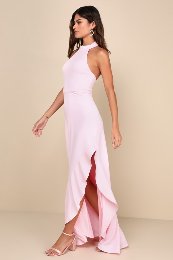 Lulus Majestic Perfection Light Pink Ruffled Halter Maxi Dress In Light Pink