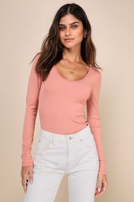 Effortless Personality Dusty Rose Ribbed Knit Long Sleeve Top