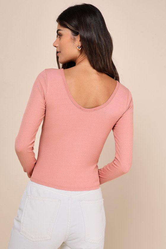 Dusty Rose Ribbed Knit Top - Scoop Neck Top - Long Sleeve Top - Lulus
