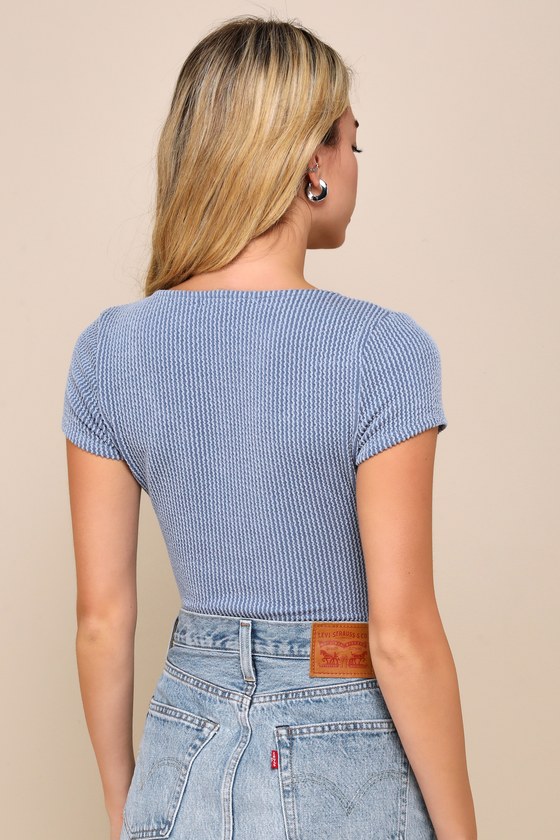 LULUS REQUIRED STYLE DUSTY BLUE TEXTURED RIBBED RUCHED BODYSUIT