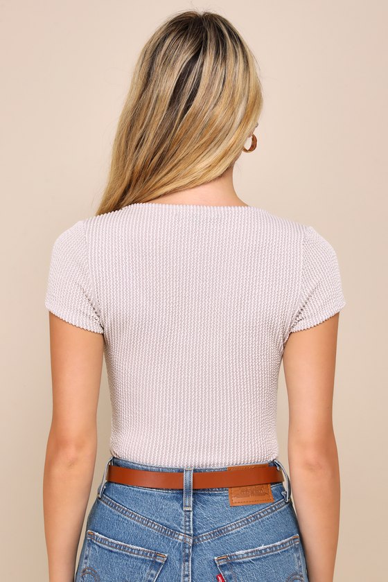Lulus Required Style Beige Textured Ribbed Ruched Bodysuit In Beige