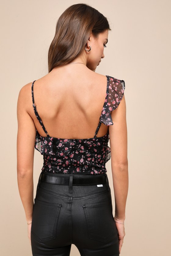 Lulus Cutest Potential Black Mesh Floral Ruffled Sleeveless Bodysuit In Black