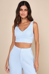 Chic and Sophisticated Light Blue Tweed Cropped Tank Top