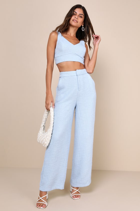 Shop Lulus Chic And Sophisticated Light Blue Tweed Wide-leg Pants