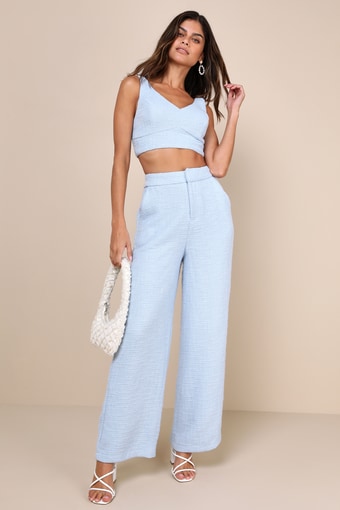 Chic and Sophisticated Light Blue Tweed Wide-Leg Pants 2