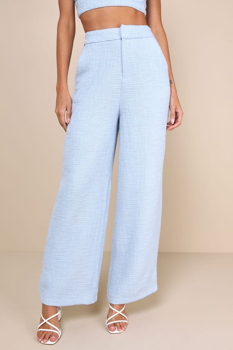 Chic and Sophisticated Light Blue Tweed Wide-Leg Pants