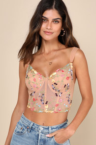 Sultry Beauty Beige Floral Embroidered Mesh Bustier Top