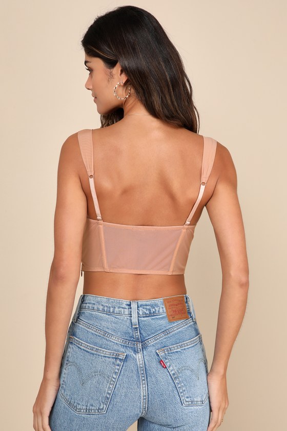 Beige Floral Top - Embroidered Mesh Top - Floral Bustier Top - Lulus