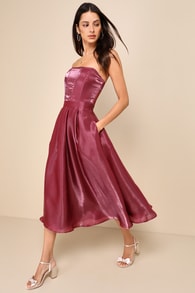 Radiant Direction Mauve Purple Strapless Midi Dress With Pockets