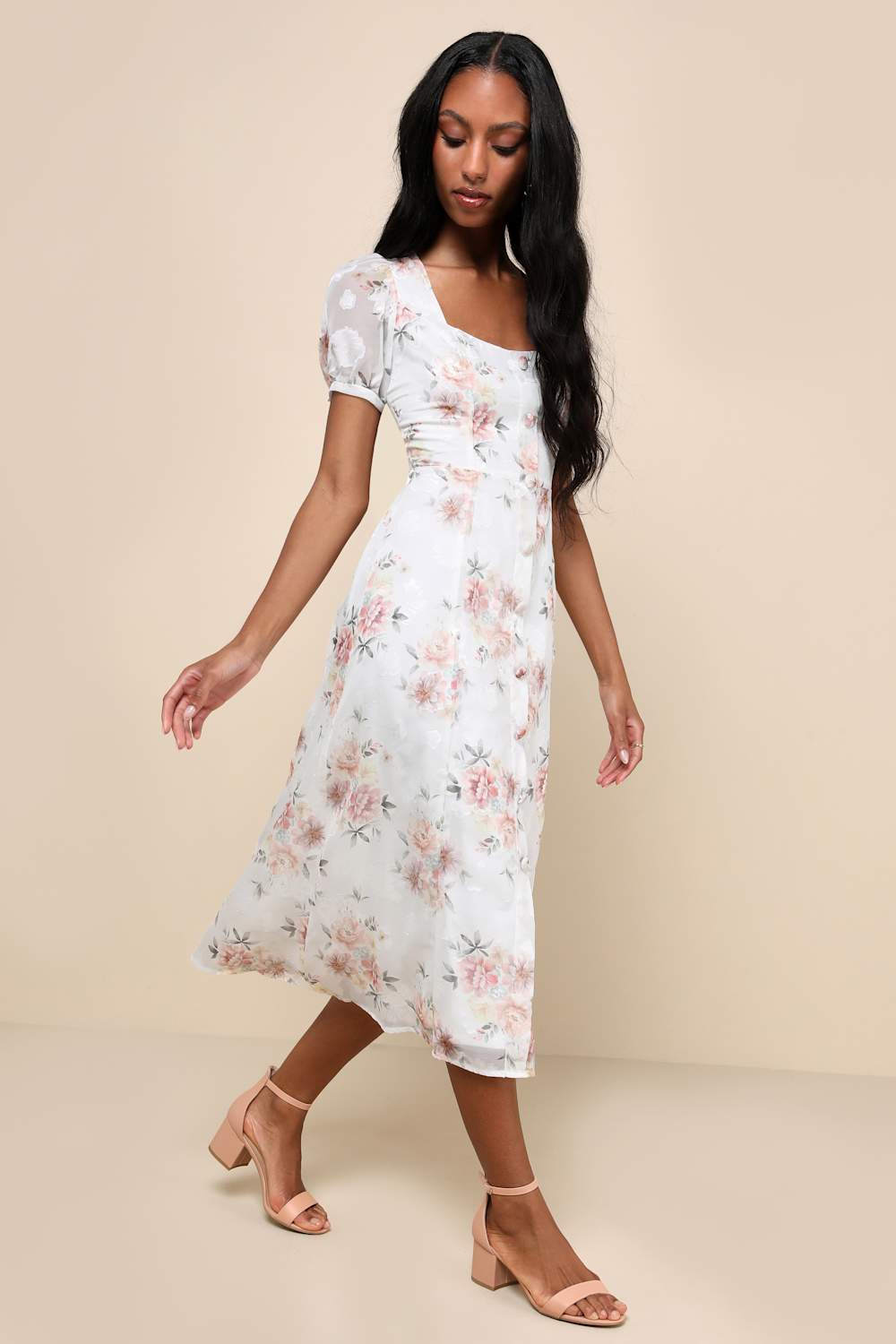 Moment of Beauty White Floral Print Button-Front Midi Dress