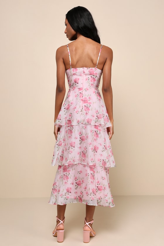 Lulus Immaculate Cutie Light Pink Floral Sleeveless Tiered Midi Dress In Light Pink
