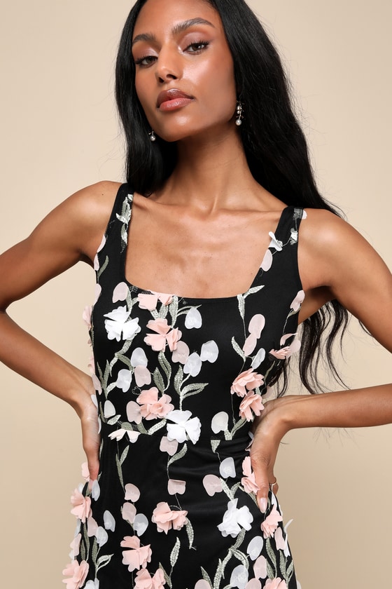 Lulus Elite Cutie Black Mesh 3d Floral Embroidered Midi Dress In Black