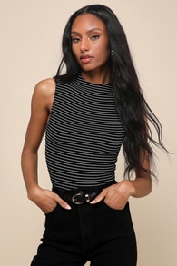 Irresistibly Chic Black Striped Funnel Neck Tank Top