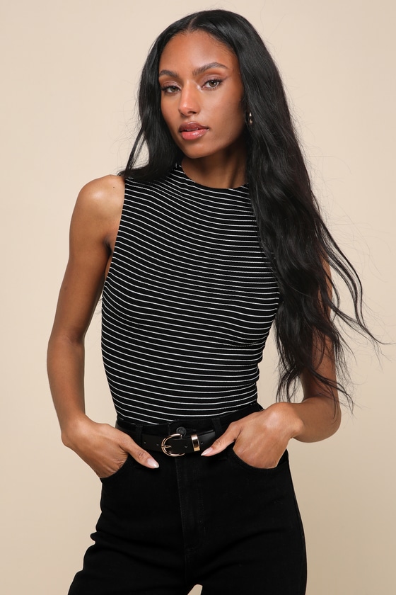 Irresistibly Chic Black Striped Funnel Neck Tank Top 2