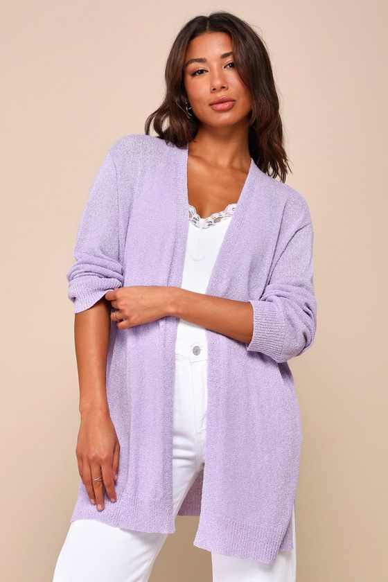 Shop Lulus Comfy Memories Lavender Knit Open-front Cardigan In Purple