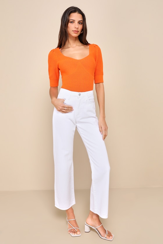 Lulus Flattering Feeling Orange Short Sleeve Sweater In Orange