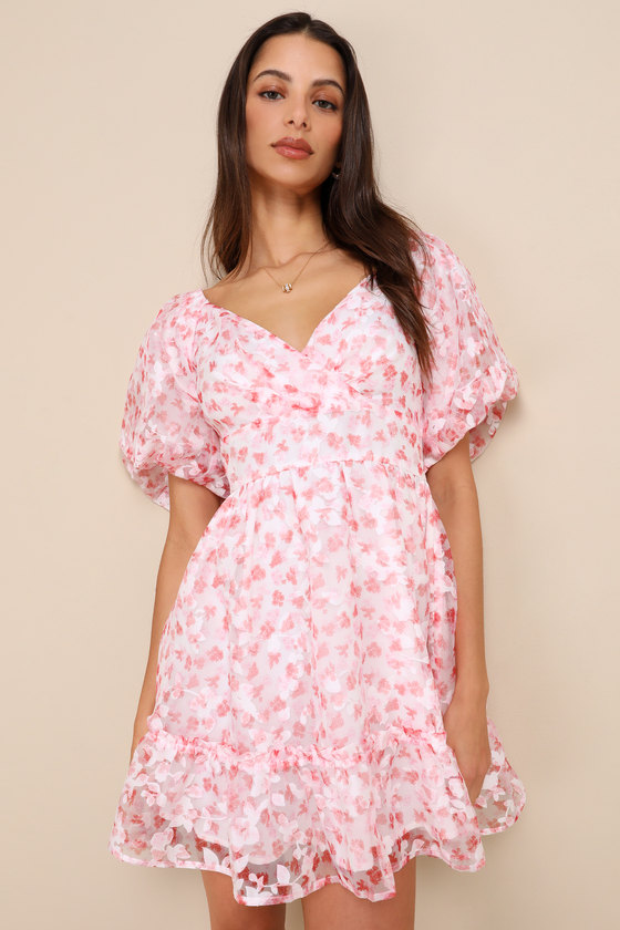 pink.nami　Airy Volume Sleeve Dress Pink Floral Dress - Burnout Puff Sleeve Dress - Tiered Mini
