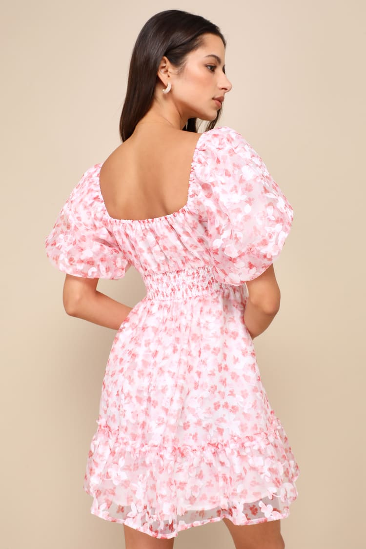 strapless open back dress Pink Floral Puff Sleeve Mini Dress - Floral Dresses main image 1