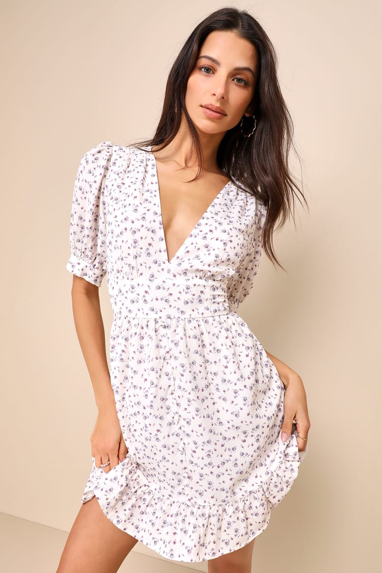 knee length dresses for ladies Floral Chiffon Mini Dress with Corset Back and Ruffle Hem Custom Color / Tea Length / US18 main image 1