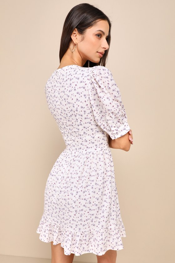 Ivory Floral Mini Dress - Button-Front Mini Dress - Skater Dress - Lulus